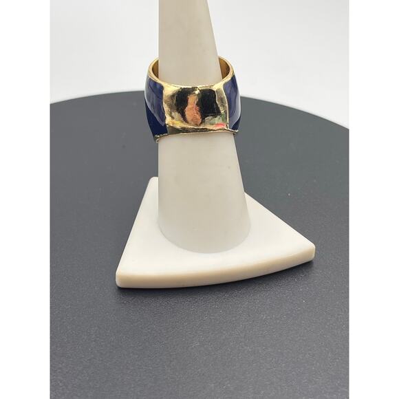 Designer Signed Wide Chunky Navy Blue Enamel Gold Tone Ring Sz 7 3/4 - Picture 4 of 8